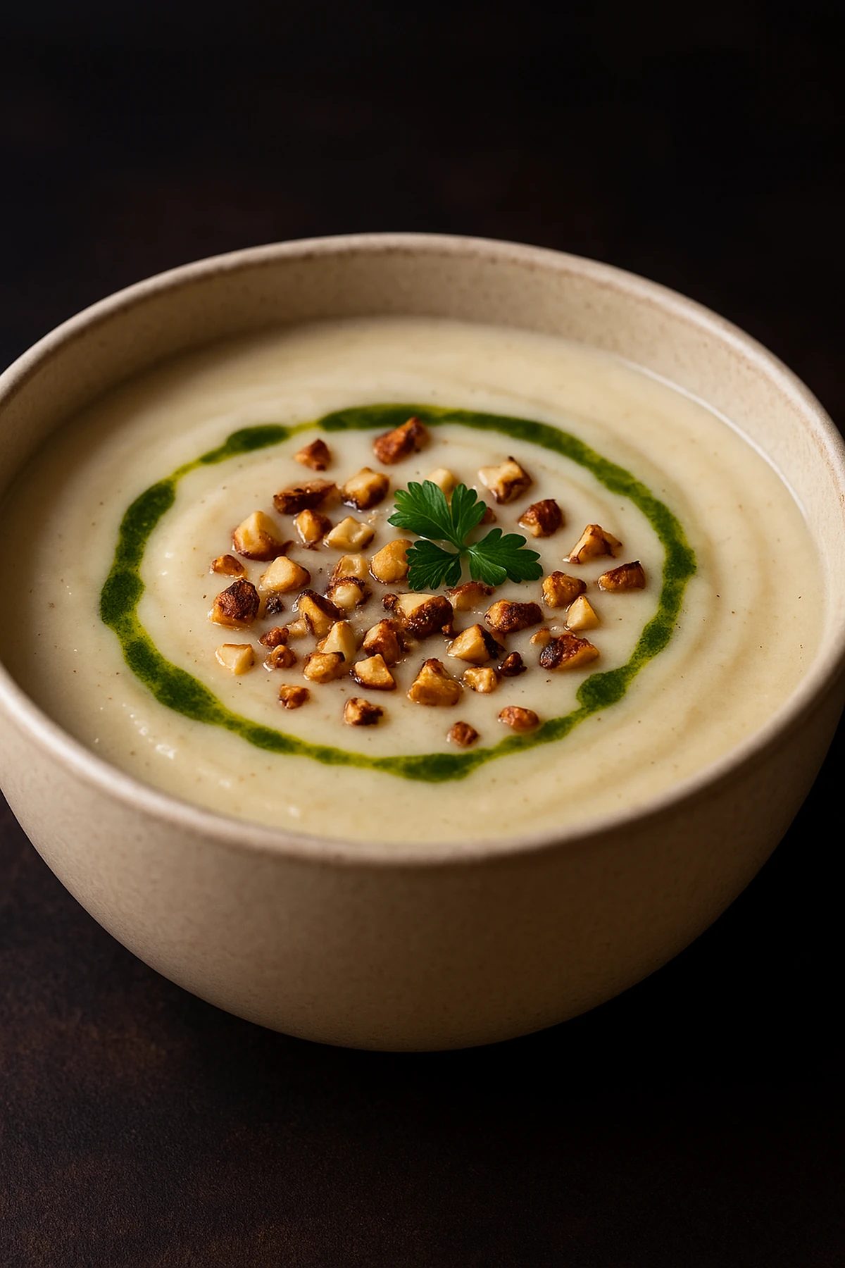 Slika jela Krem čorba od pečenog karfiola i parmezana – svilena tekstura, hrskavi lešnici 🥣
