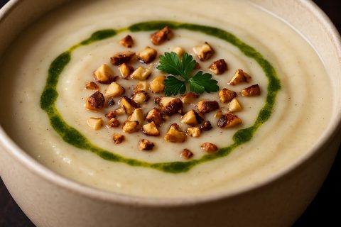 Krem čorba od pečenog karfiola i parmezana – svilena tekstura, hrskavi lešnici 🥣
