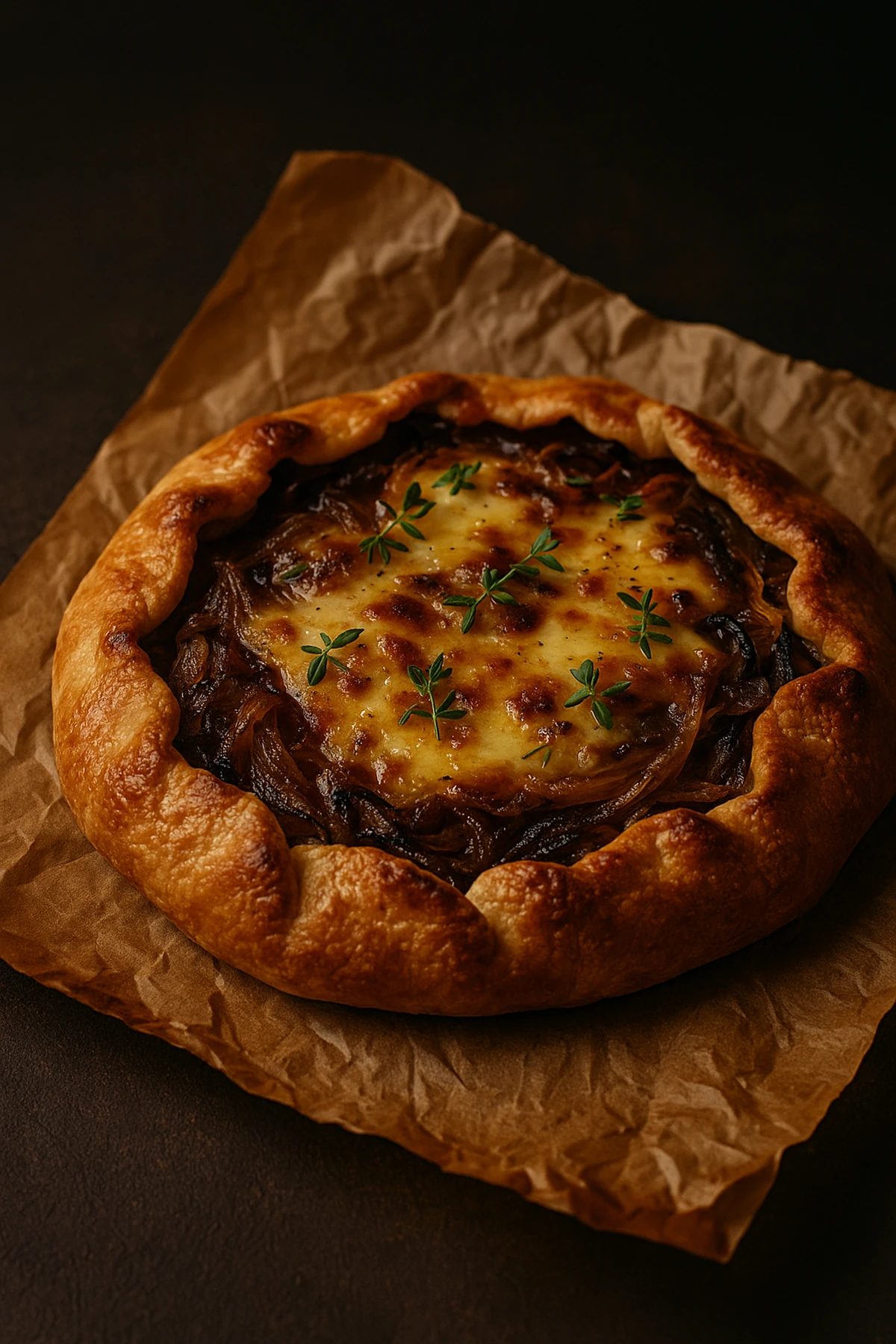 Slika jela Galeta sa dimljenim sirom, karamelizovanim crnim lukom i timijanom – rustika sa karakterom 🥧🧅