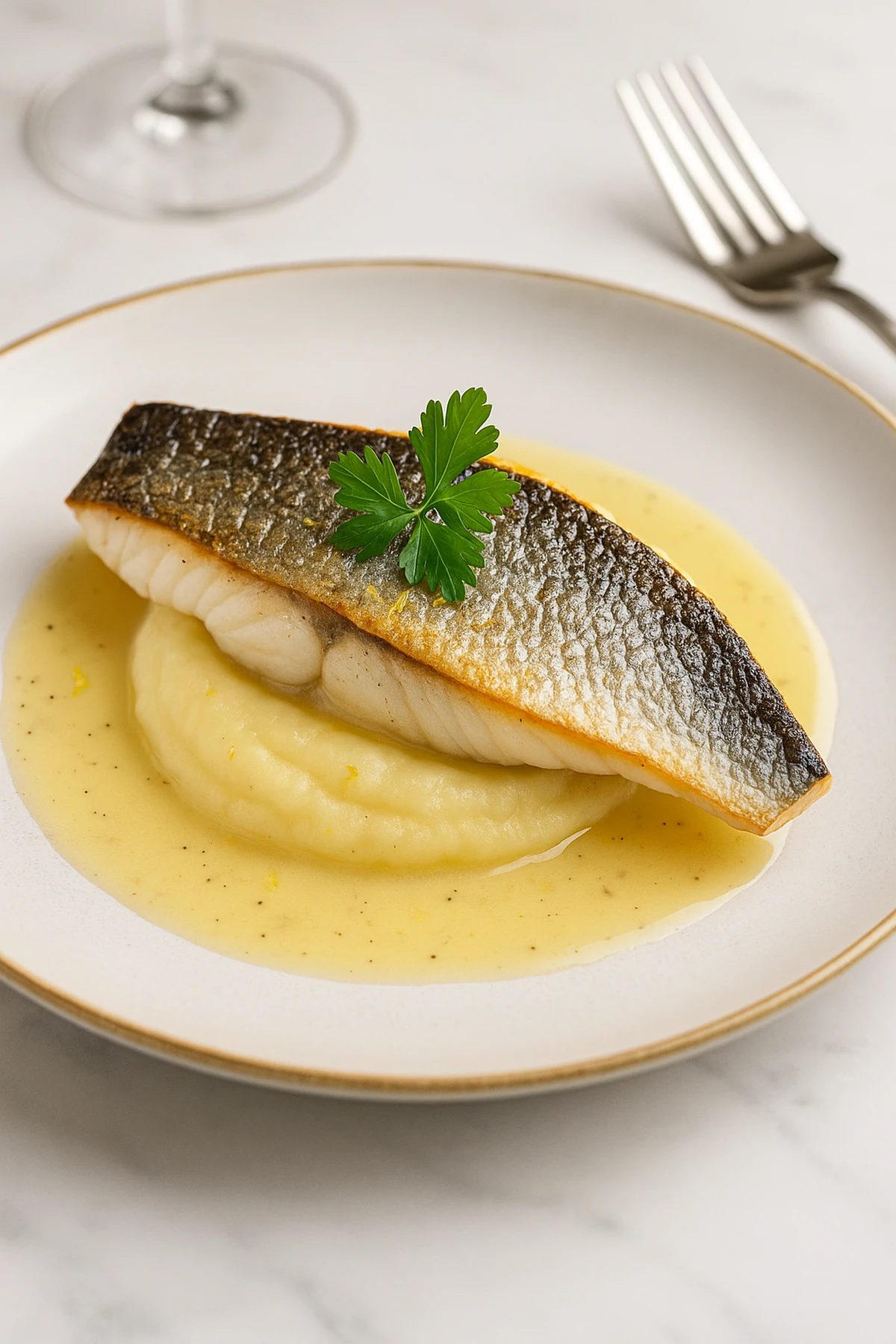 Slika jela Filet brancina sa kremom od celera i beurre blanc sosom – morska elegancija na tanjiru 🐟🍋