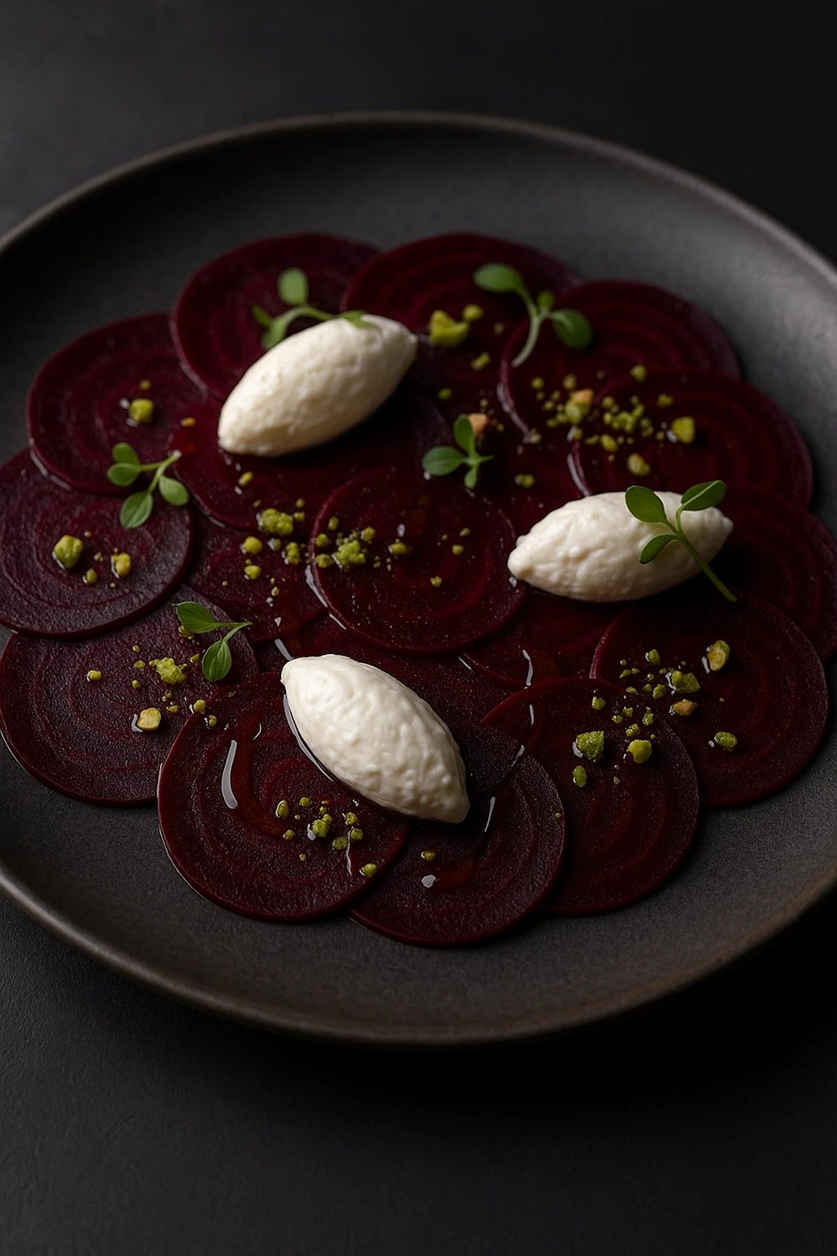 Slika jela Carpaccio od cvekle sa kremom od kozjeg sira i pistaćima – umetnost na tanjiru 🥗💜✨