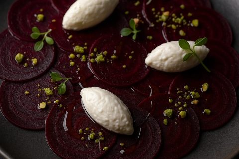 Carpaccio od cvekle sa kremom od kozjeg sira i pistaćima – umetnost na tanjiru 🥗💜✨