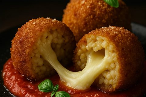 Arančini (risoto-kugle) sa mocarelom na sosu od paradajza – spolja hrskavo, iznutra lava 🧀🔥