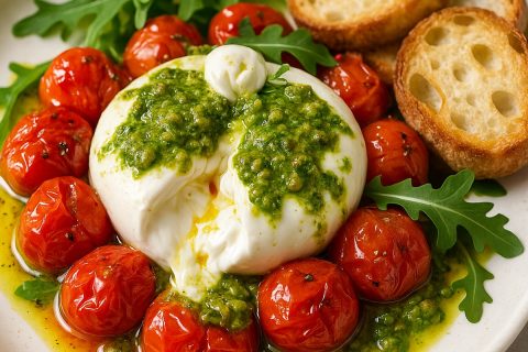Burrata caprese sa pečenim čeri paradajzom i pestačem 🌿🍅🤍