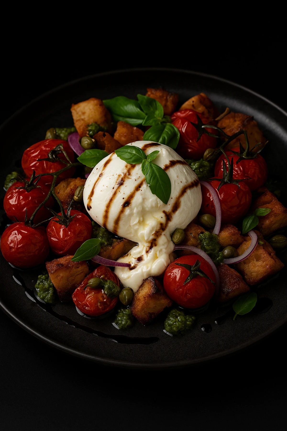 Slika jela Panzanella sa pečenim paradajzom, burratom i pesto-dresingom 🍅🧀