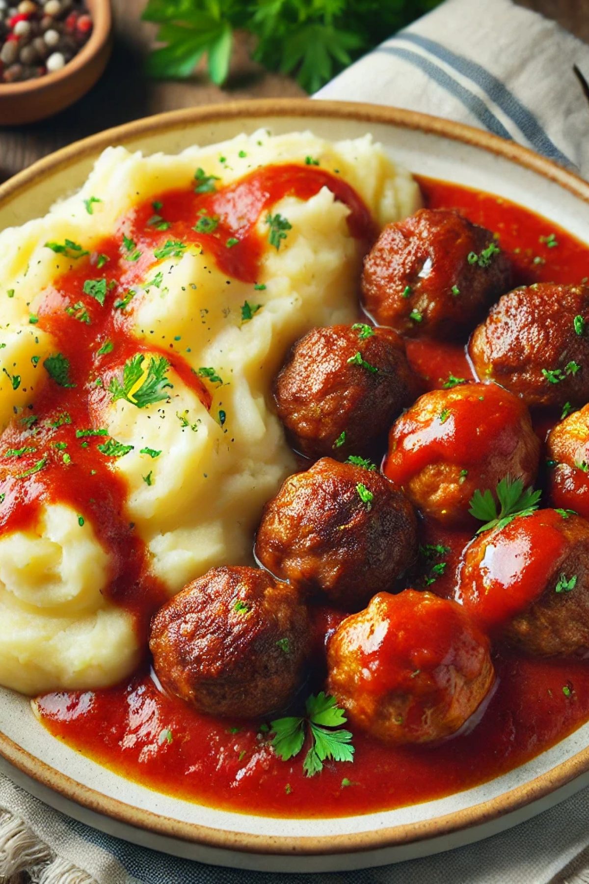 Slika jela Recept za ćufte u paradajz sosu sa pire krompirom
