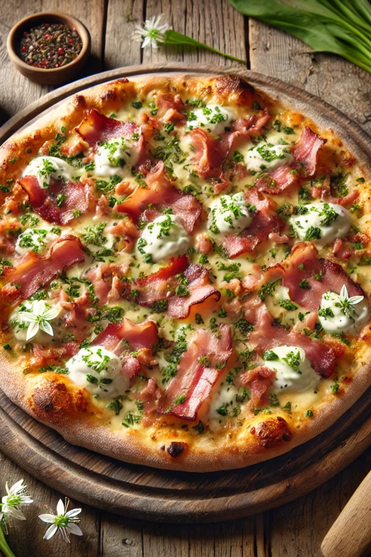 Slika jela Recept za Seljačku Pizzu sa Slaninom, Kajmakom i Sremušem