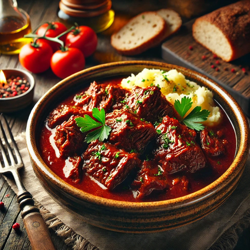 🍲 Sporo Kuvana Govedina u Crvenom Sosu – Mekana i Sočna!