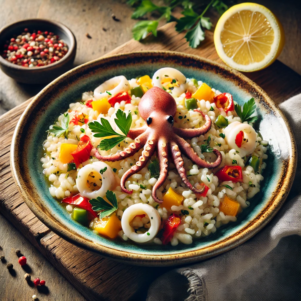 🦐 Posni rižoto sa lignjama i povrćem – Mediteranski duh na tanjiru