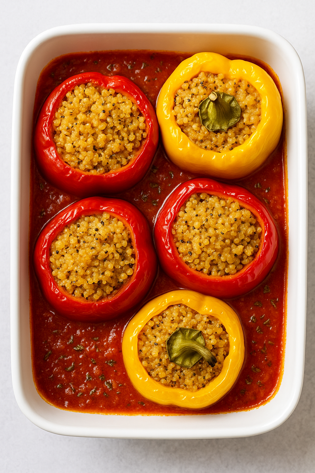 🌶️ Posne punjene paprike sa kinoom i paradajz sosom – lagano, zdravo i bez trunke mesa