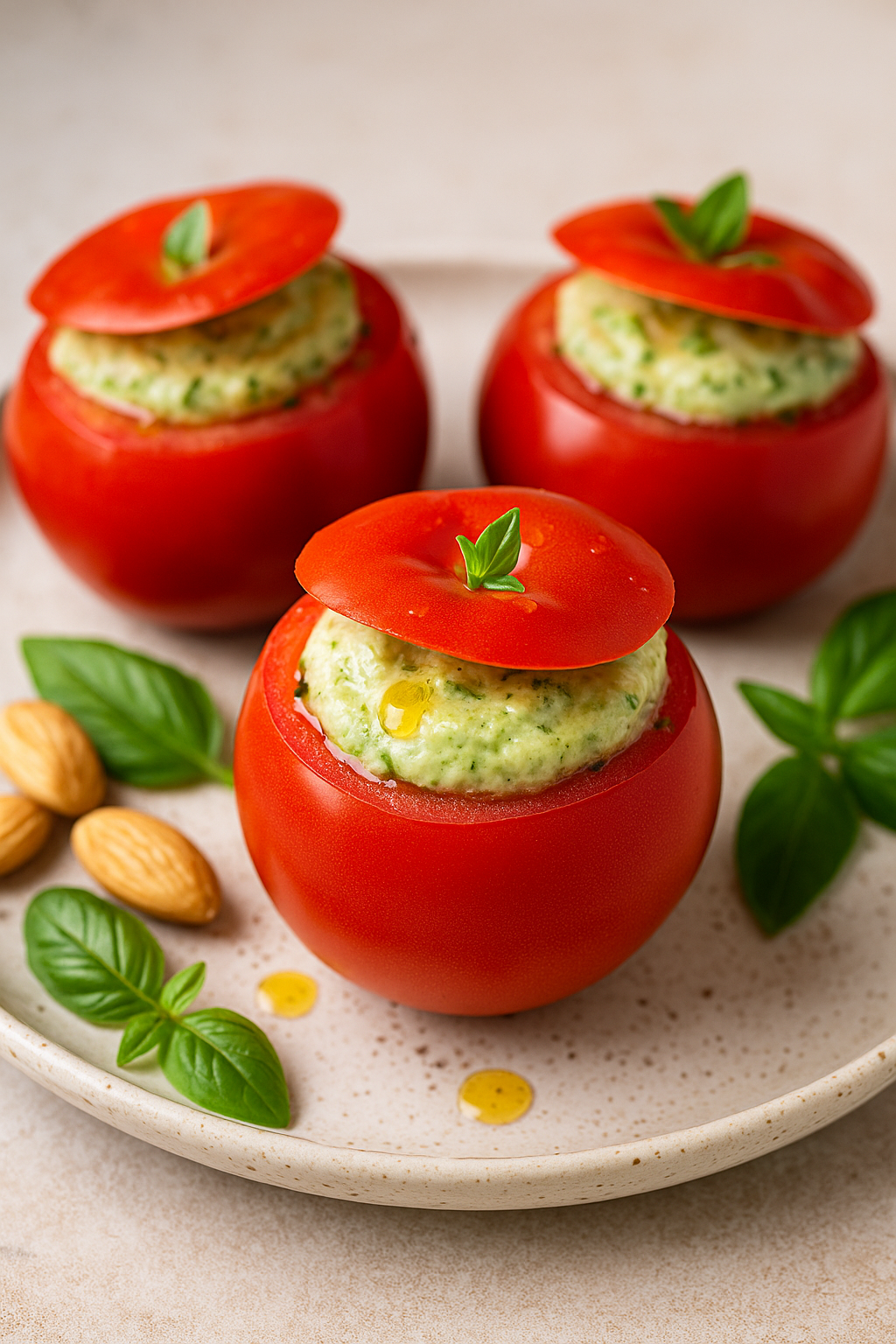 🍅 Paradajz punjen kremom od badema i bosiljka – lagano, letnje, drugačije
