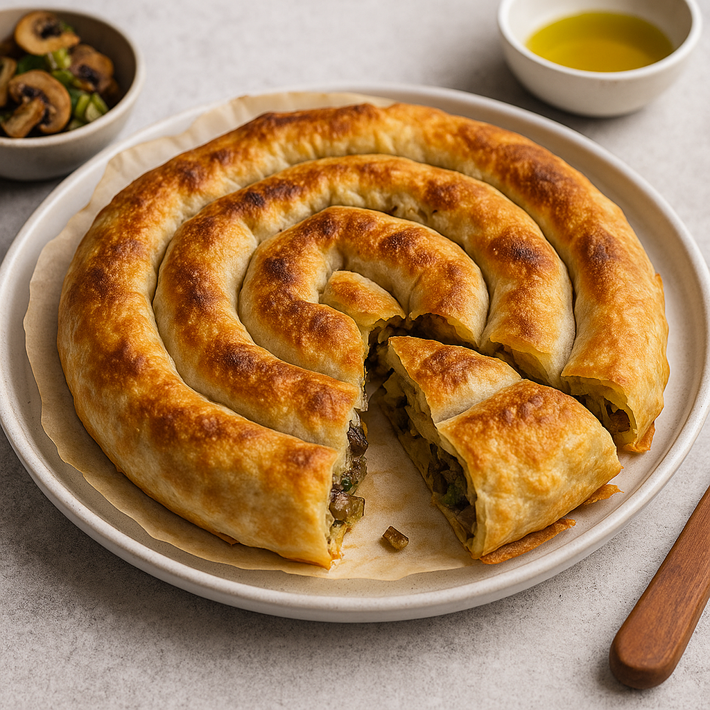 🥟 Hrskavi posni burek sa pečurkama i prazilukom – jednostavno, jako i domaće