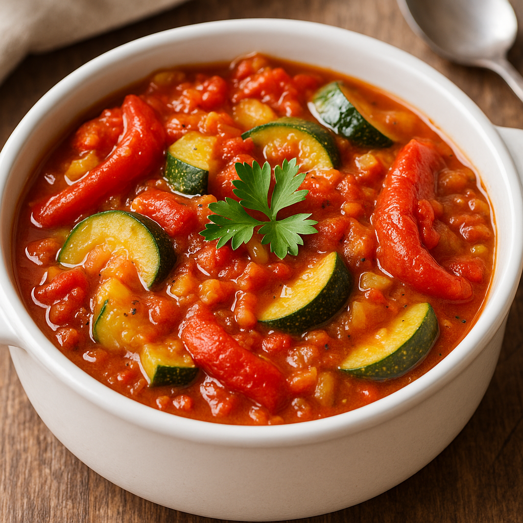 🍅 Sataras sa tikvicama i pečenom paprikom – lagano, brzo, miriše na leto