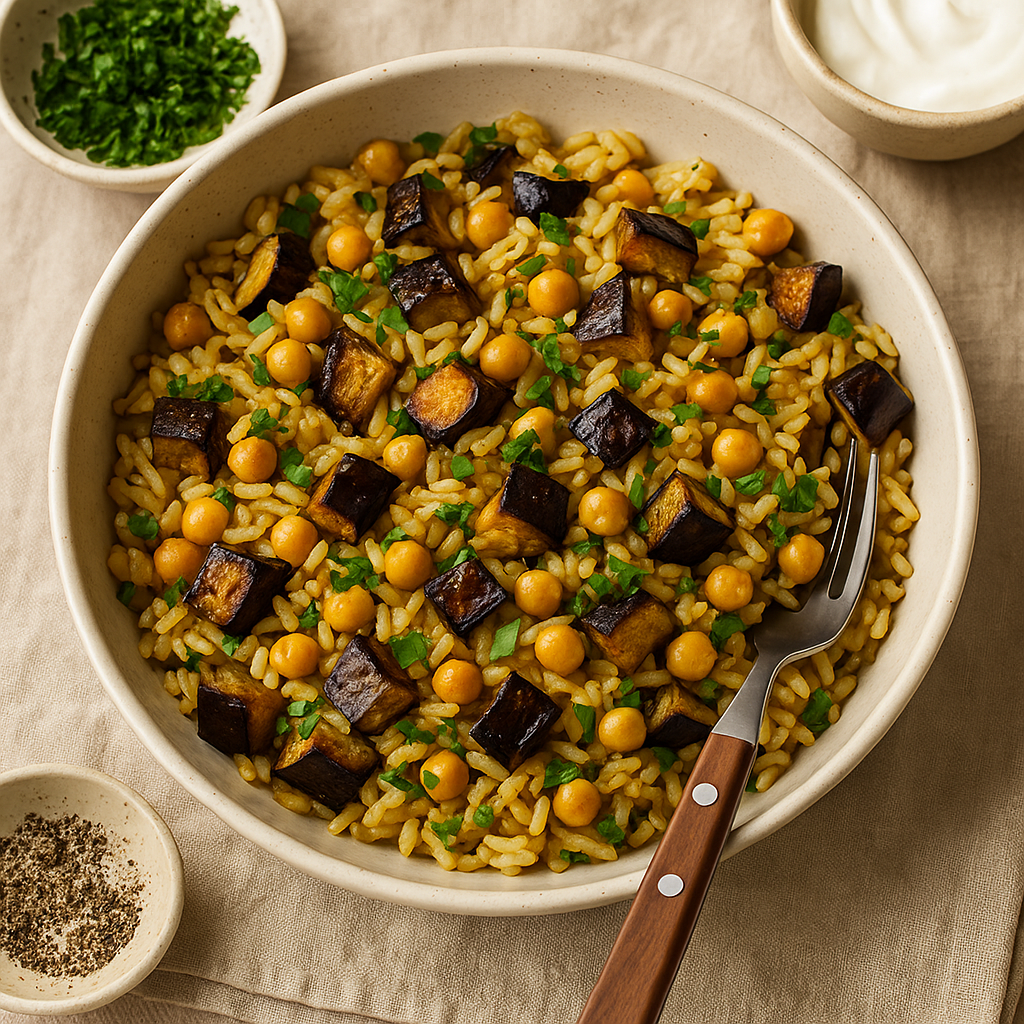 🥘 Aromatični pirinač sa leblebijama i pečenim patlidžanom