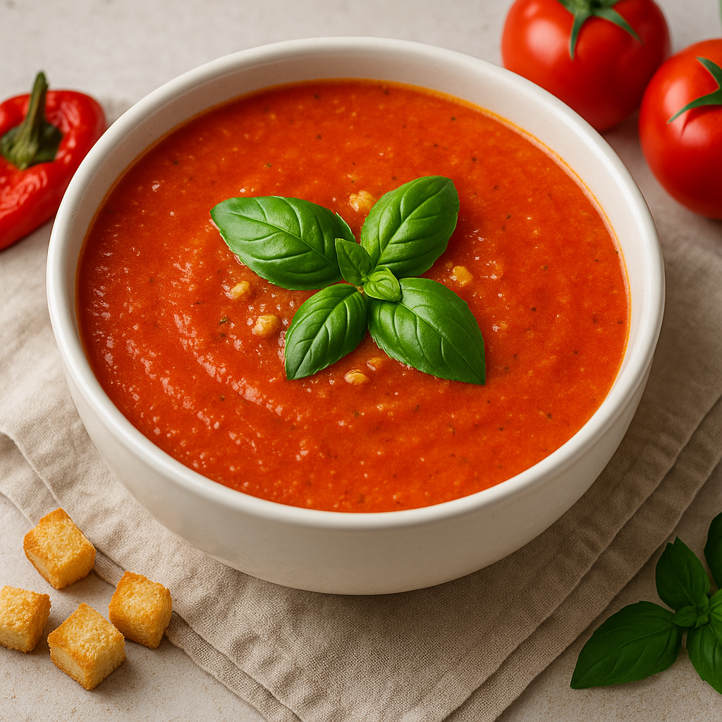 🍅 Hladna paradajz čorba sa paprikom i bosiljkom – letnja kašika osveženja!
