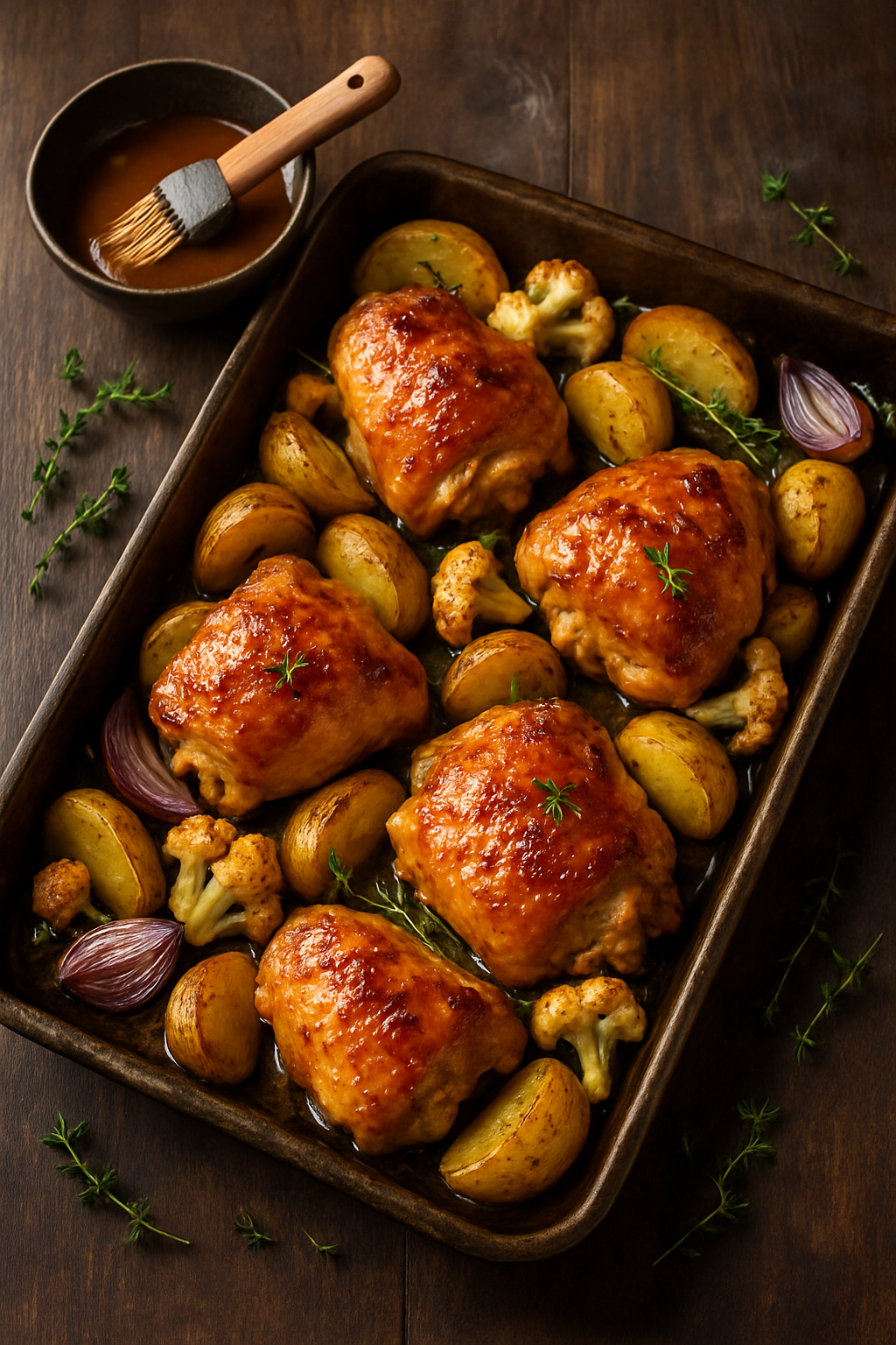 🍗🥔 Pileći butovi „sheet-pan“ sa krompirom, karfiolom i med-senf glazurom