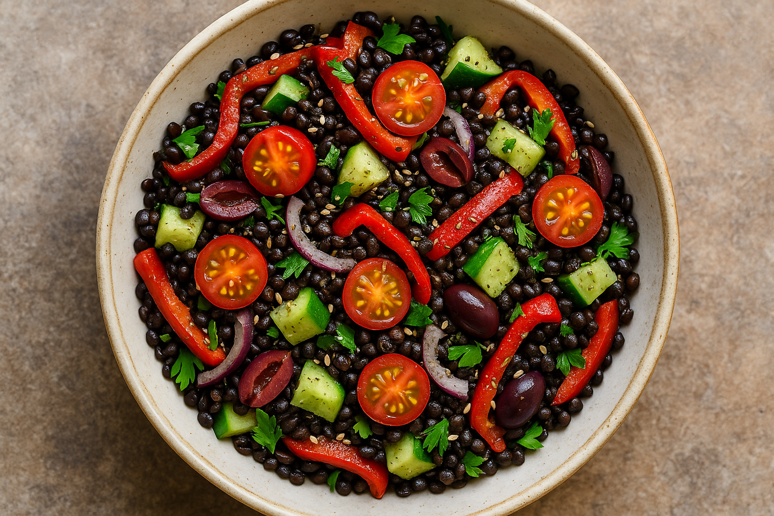 🖤🥗 Salata od crnog sočiva, pečenih paprika i maslina (za’atar dresing)