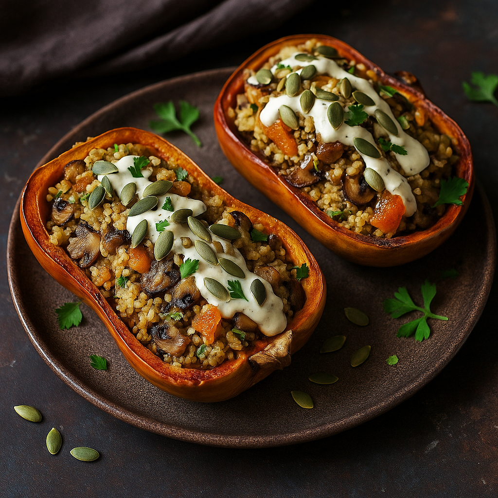 🎃🍄 Pečena bundeva punjena prosom, pečurkama i suvim kajsijama (tahini–limun sos)