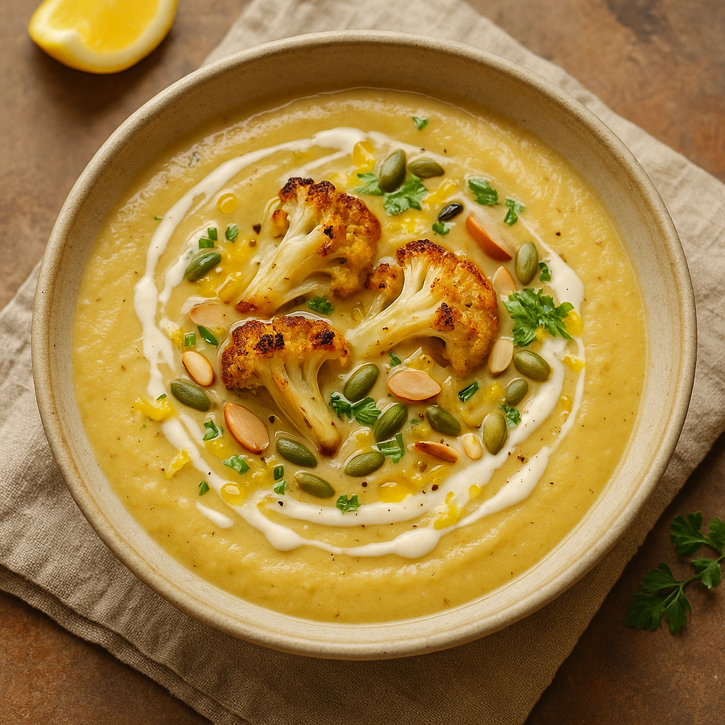 🥣🌰 Krem supa od pečenog karfiola i belog luka (tahini–limun finiš)