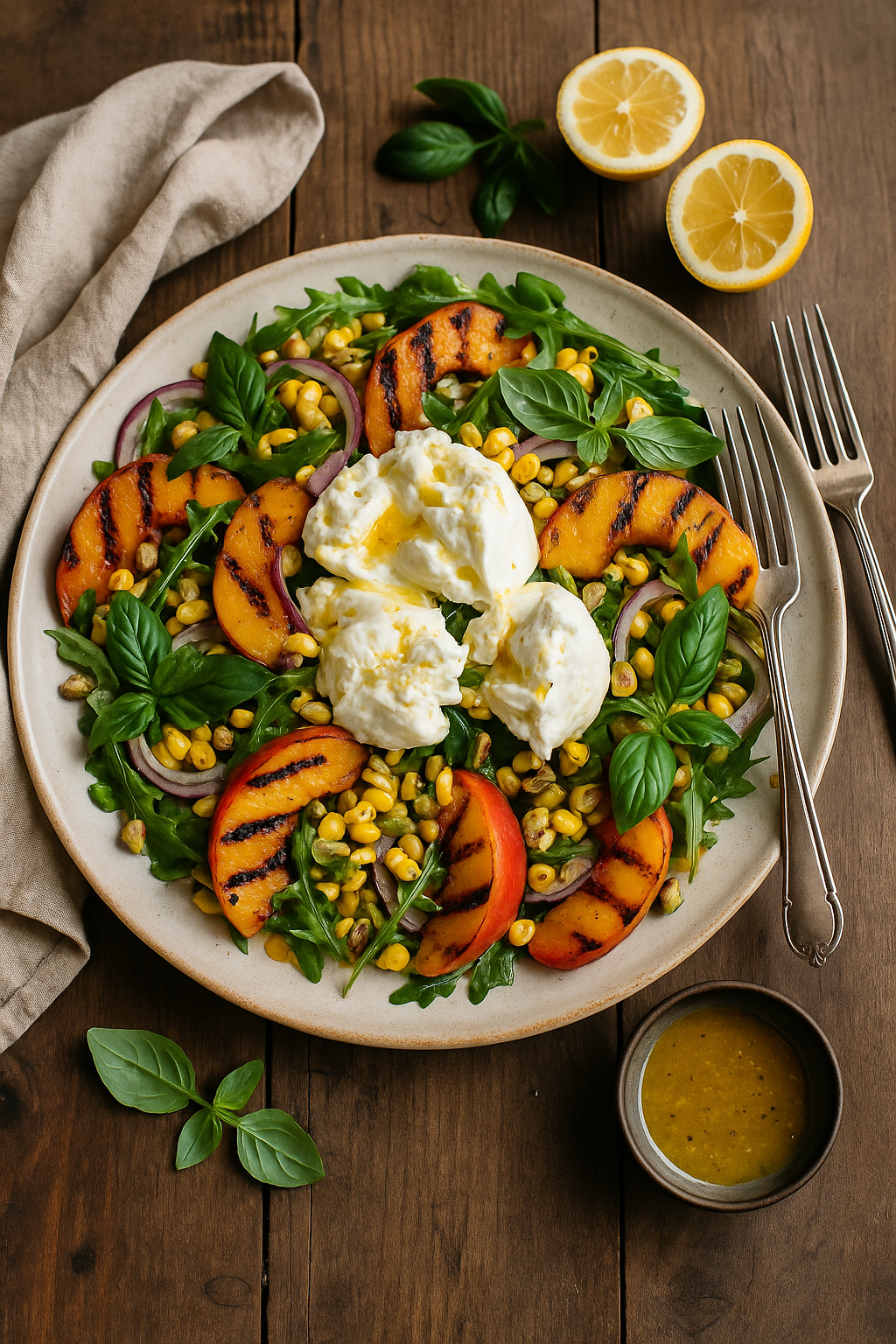 🌽🍑 Grilovani kukuruz & breskva salata sa burratom i bosiljkom