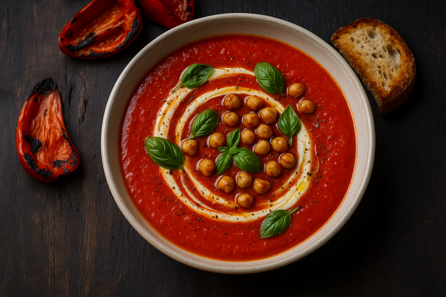 🔥🍅 Krem supa od pečene crvene paprike & paradajza (hrskave leblebije)