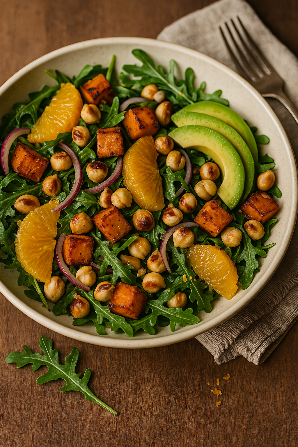 🥗🍊 Rukola & pečeni batat sa narandžom, avokadom i lešnikom (miso–javor dresing)