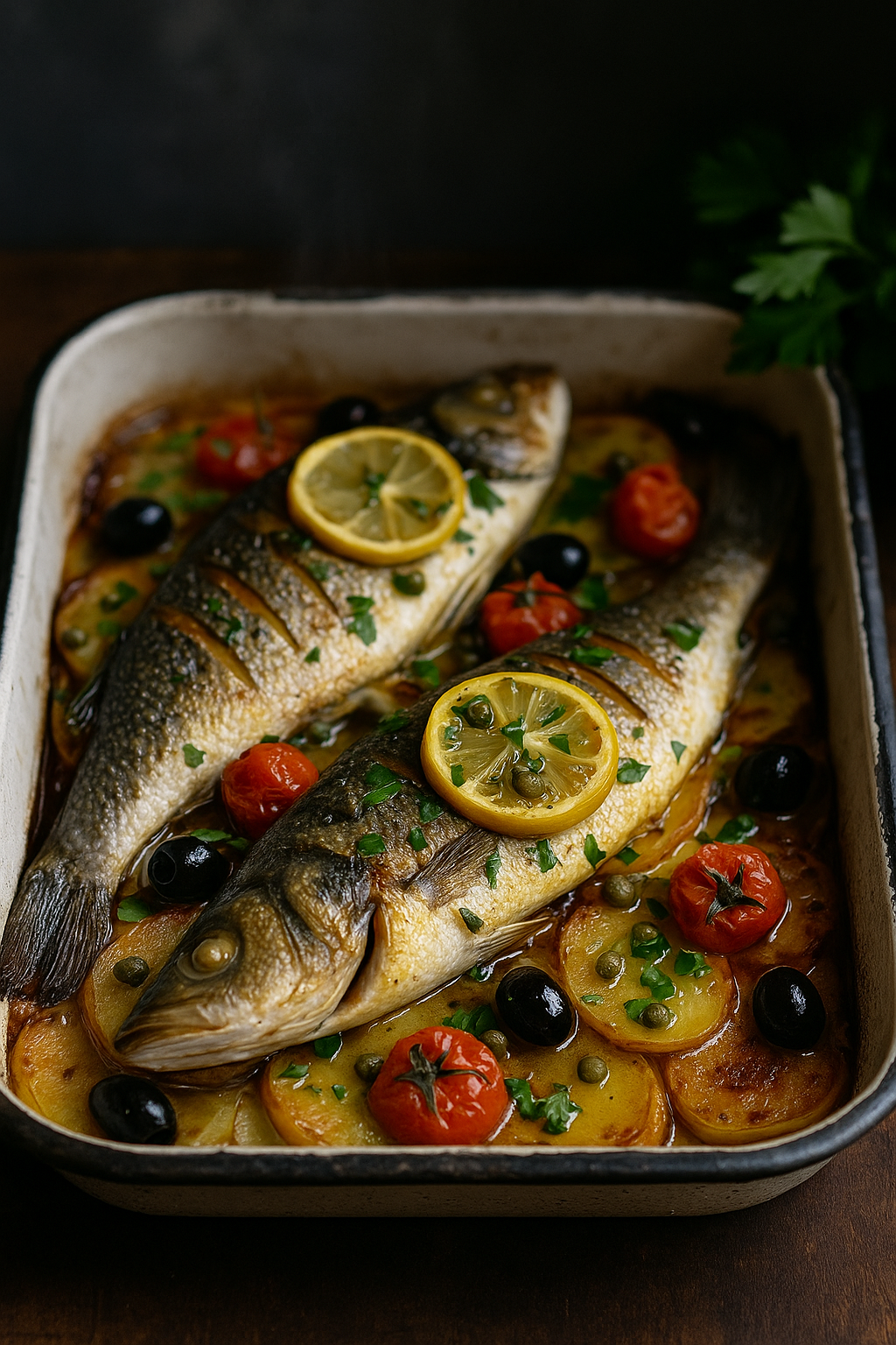 🐟🍋 Brancin na dalmatinski (pečen sa krompirom, limunom, vinom & kaparima)