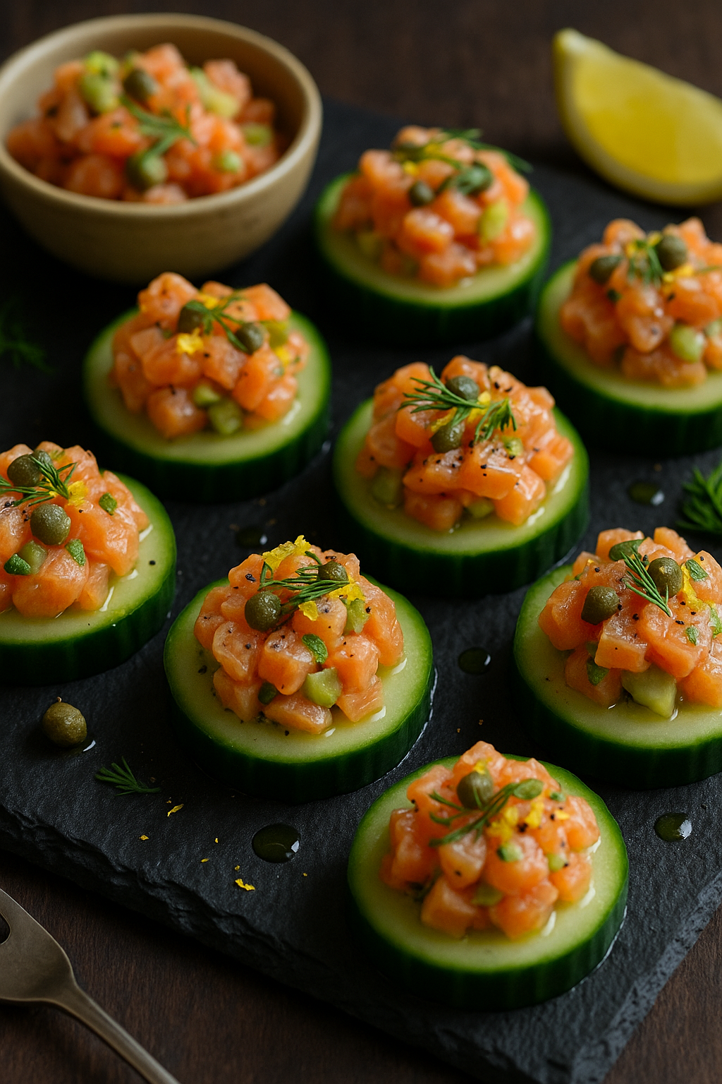 🐟🥑 Tartar od lososa sa avokadom, kaparima i koprom (na krastavac & tost)