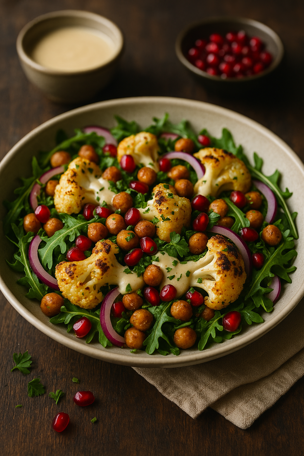 🥗🌰 Topla salata od karfiola i leblebija (tahini–limun dresing & nar)