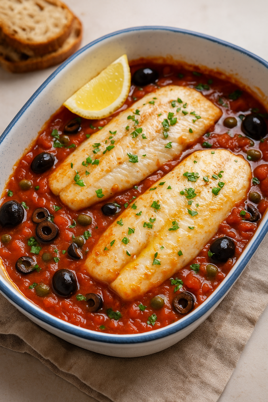 Oslić u paradajz-sosu sa maslinama i kaparima – zapeči filete za 20 min 🐟🍅