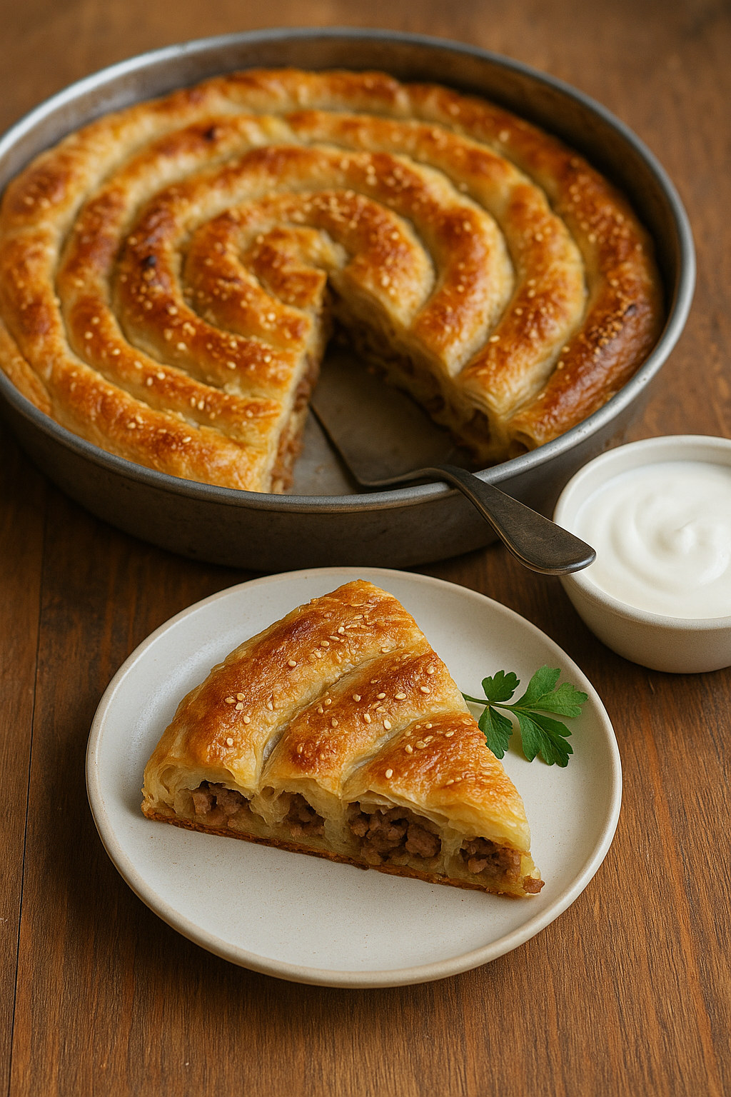 Burek sa mesom u spiralnoj tepsiji – razvuci, filuj i zapeči do zlata 🥩🥟