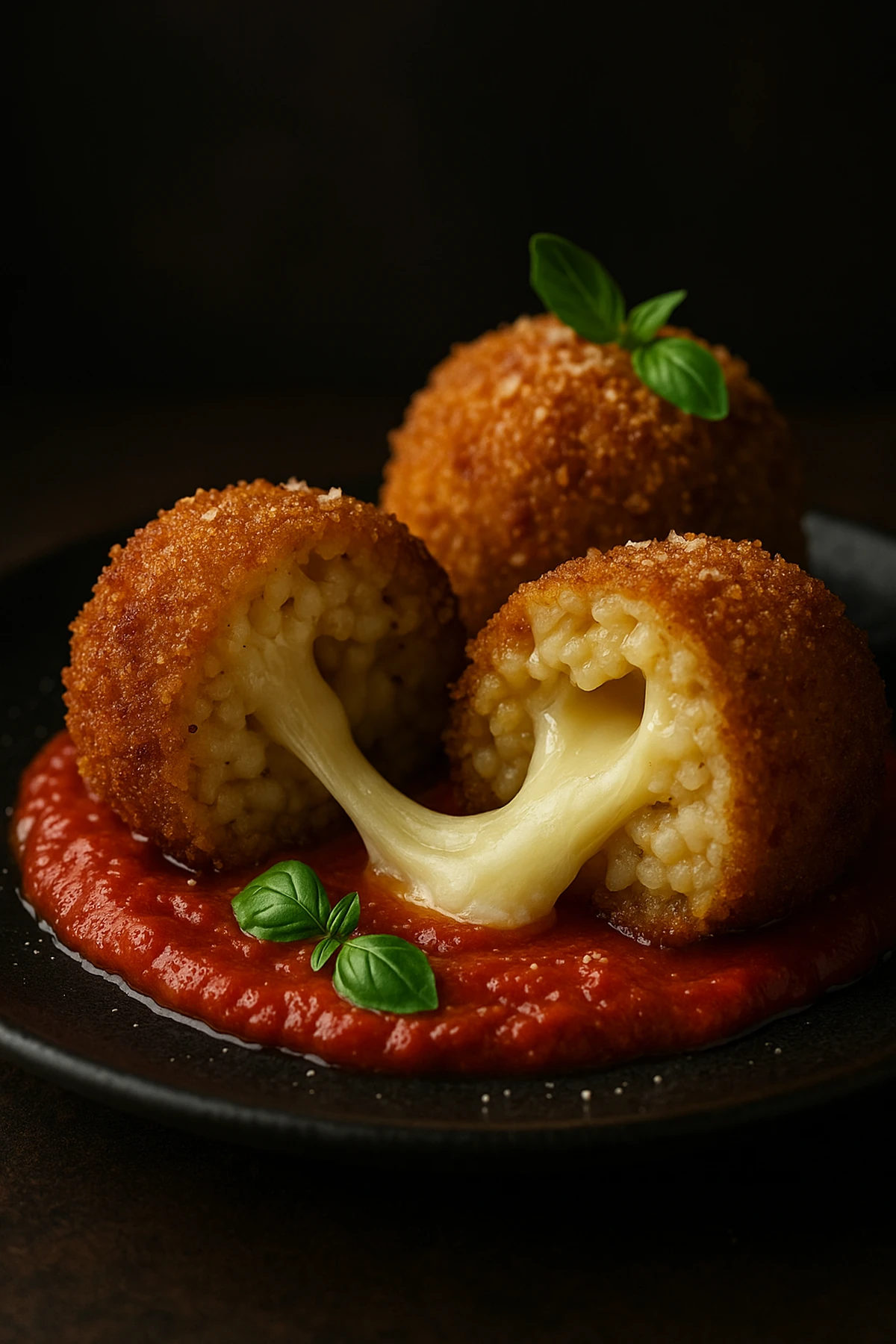 Arančini (risoto-kugle) sa mocarelom na sosu od paradajza – spolja hrskavo, iznutra lava 🧀🔥