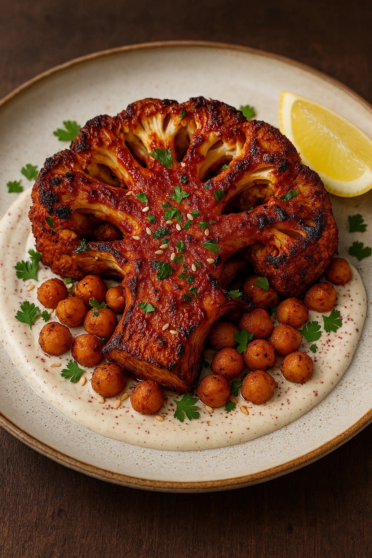 Harissa karfiol “stejk” sa tahini-sumak sosem i hrskavim leblebijama 🔥🥦✨