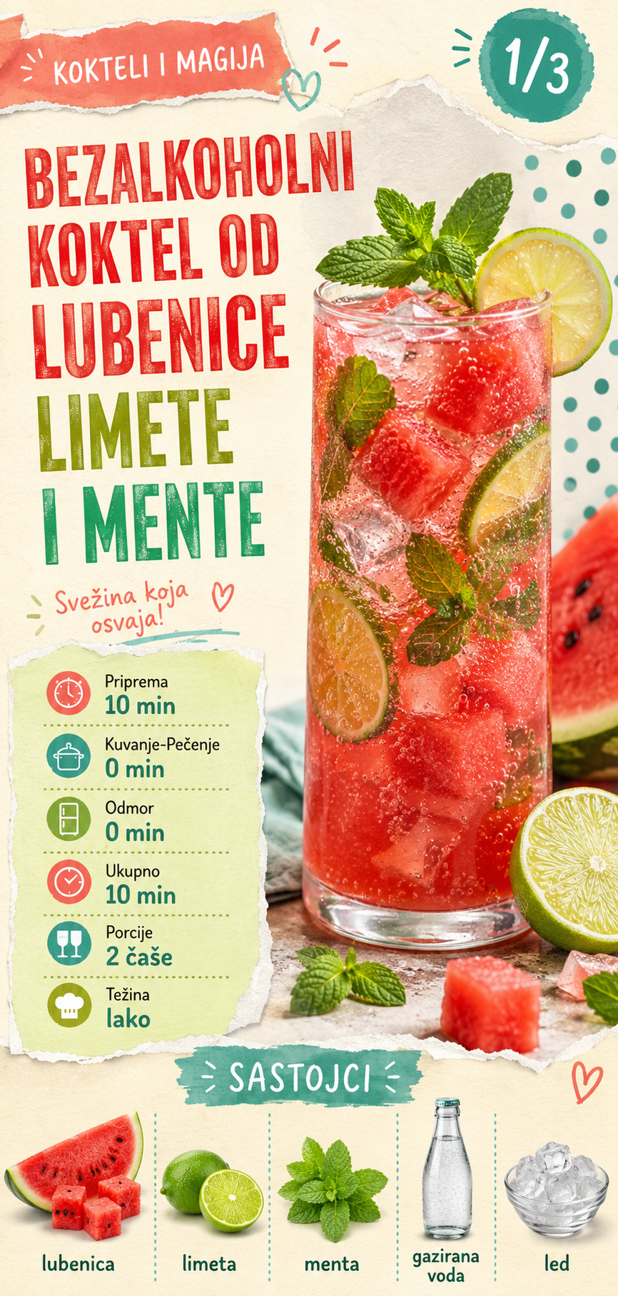Bezalkoholni koktel od lubenice limete i mente 🍉🌿 - Vizuelni vodič 1/3