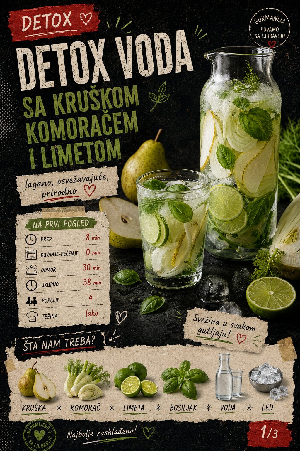 Detox voda sa kruškom komoračem i limetom 🍐🌿 - Vizuelni vodič 1/3