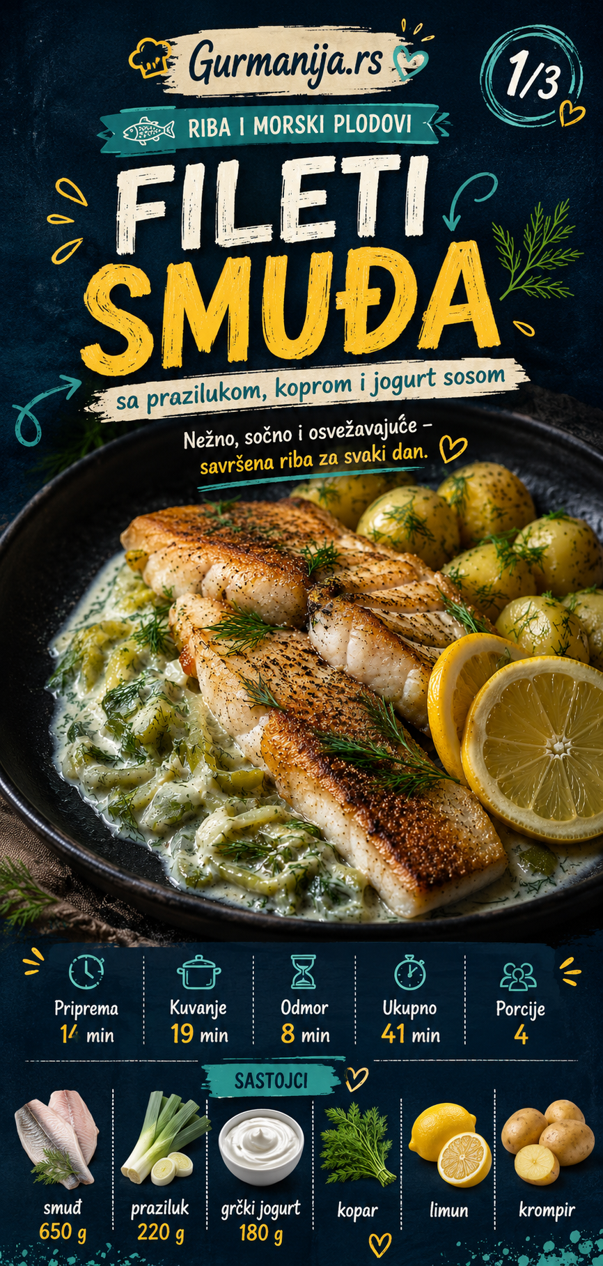 Fileti smuđa sa prazilukom koprom i jogurt sosom 🐟🌿 - Vizuelni vodič 1/3