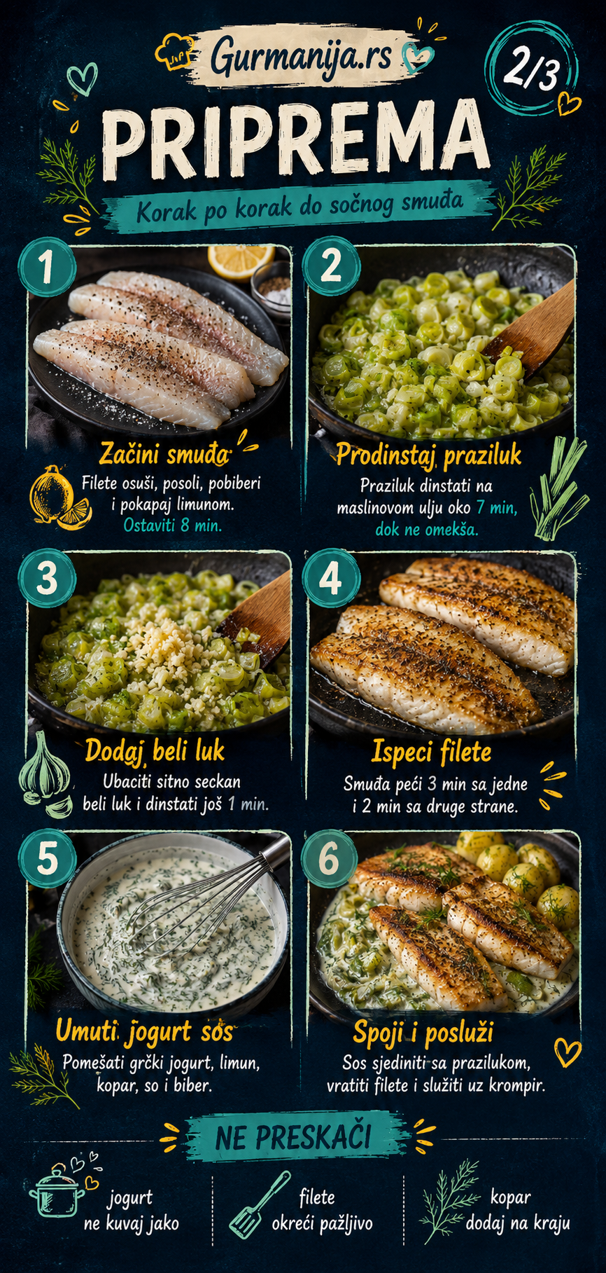 Fileti smuđa sa prazilukom koprom i jogurt sosom 🐟🌿 - Vizuelni vodič 2/3