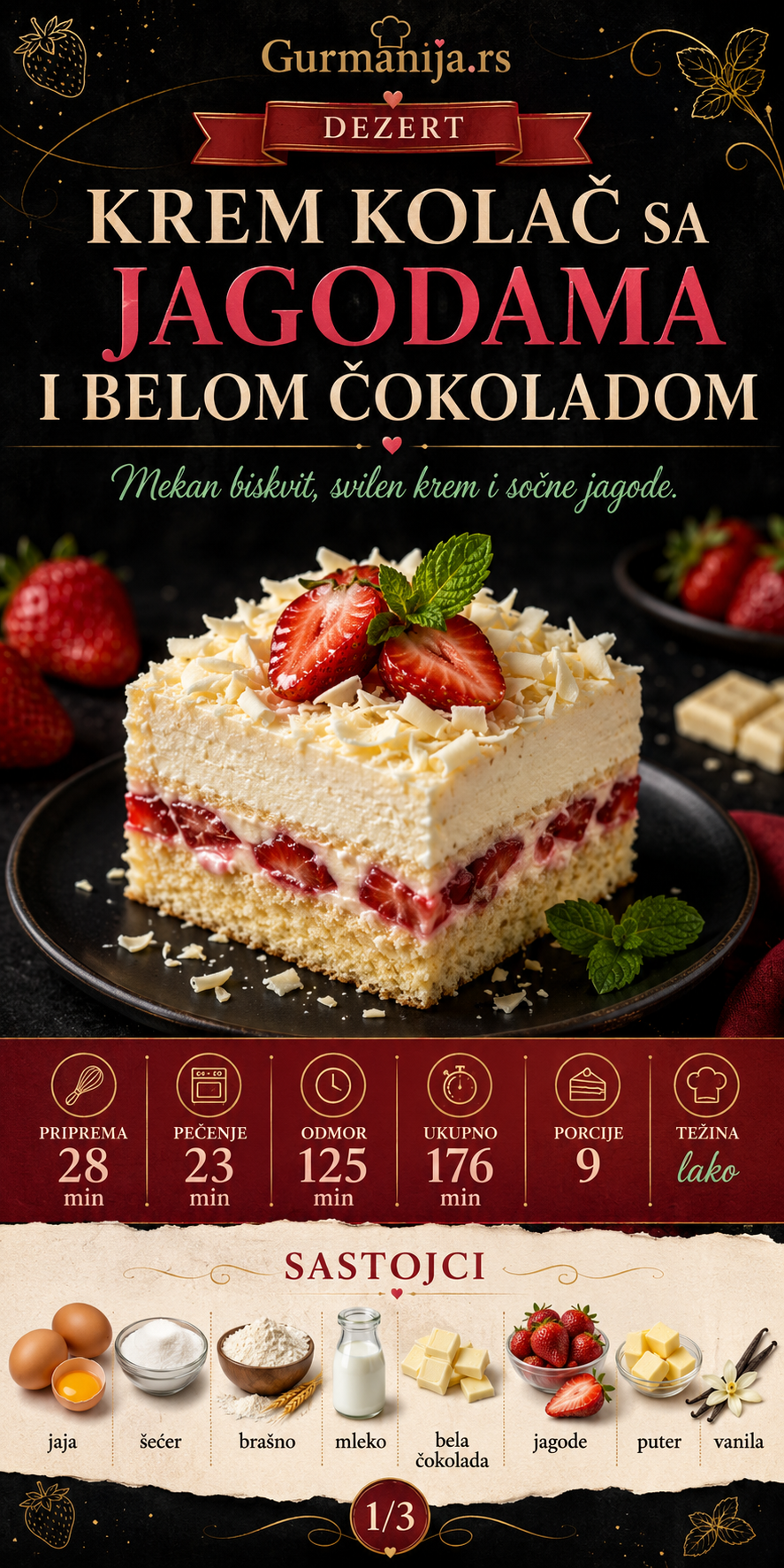 Krem kolač sa jagodama i belom čokoladom 🍓🍰 - Vizuelni vodič 1/3