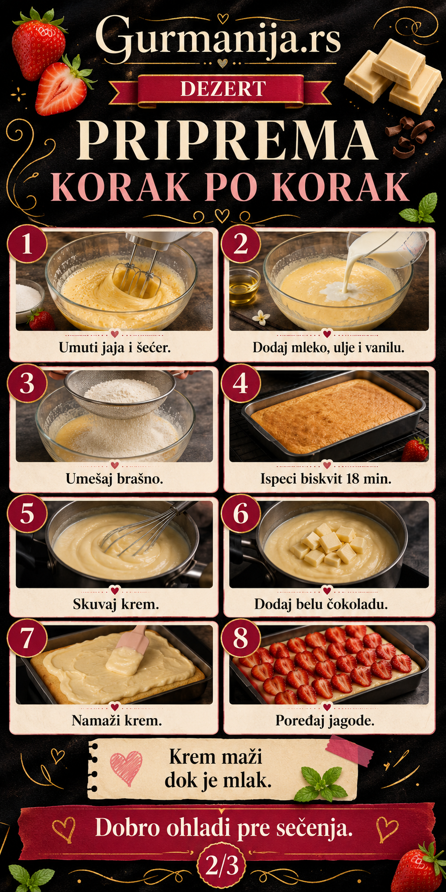 Krem kolač sa jagodama i belom čokoladom 🍓🍰 - Vizuelni vodič 2/3