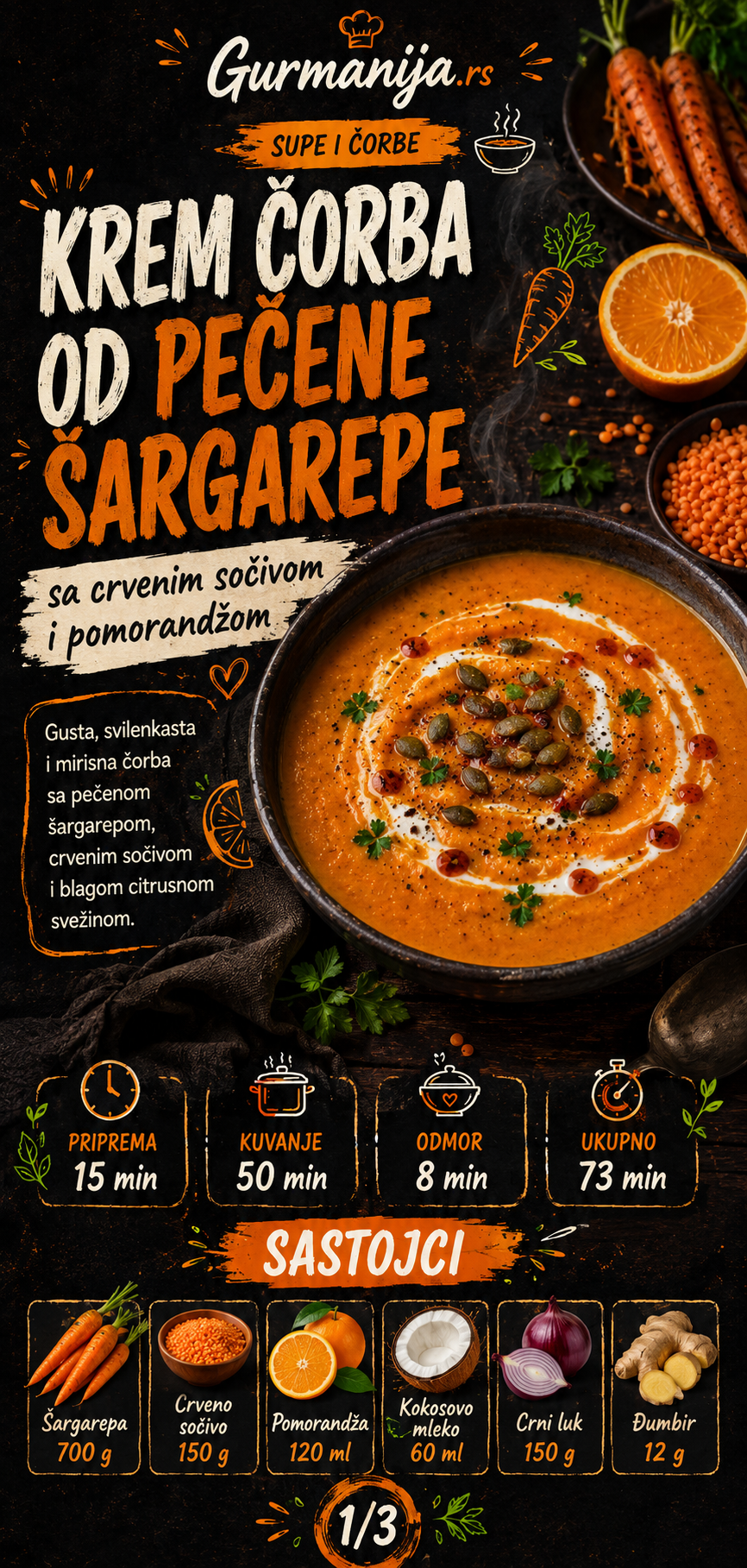 Krem čorba od pečene šargarepe crvenog sočiva i pomorandže 🥕🍊 - Vizuelni vodič 1/3