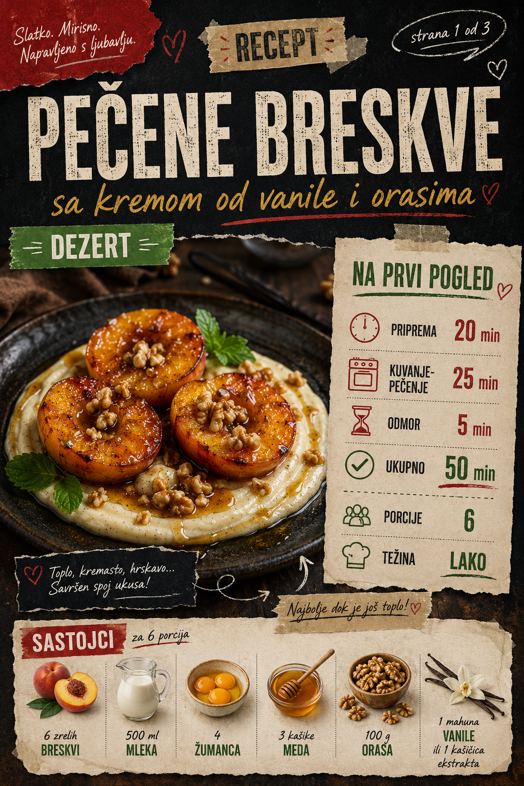 Pečene breskve sa kremom od vanile i orasima 🍑🍯 - Vizuelni vodič 1/3
