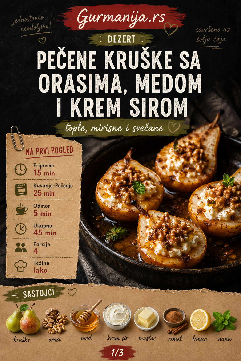 Pečene kruške sa orasima medom i krem sirom 🍐🌰 - Vizuelni vodič 1/3