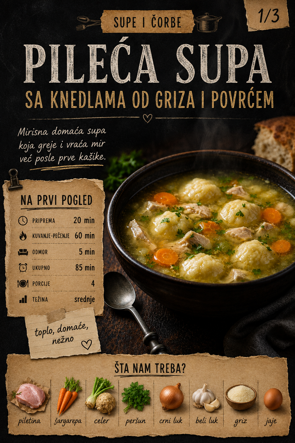 Pileća supa sa knedlama od griza i povrćem 🍲🥕 - Vizuelni vodič 1/3