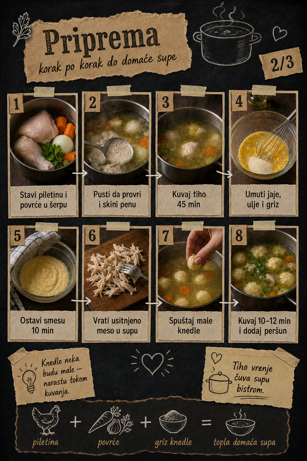 Pileća supa sa knedlama od griza i povrćem 🍲🥕 - Vizuelni vodič 2/3