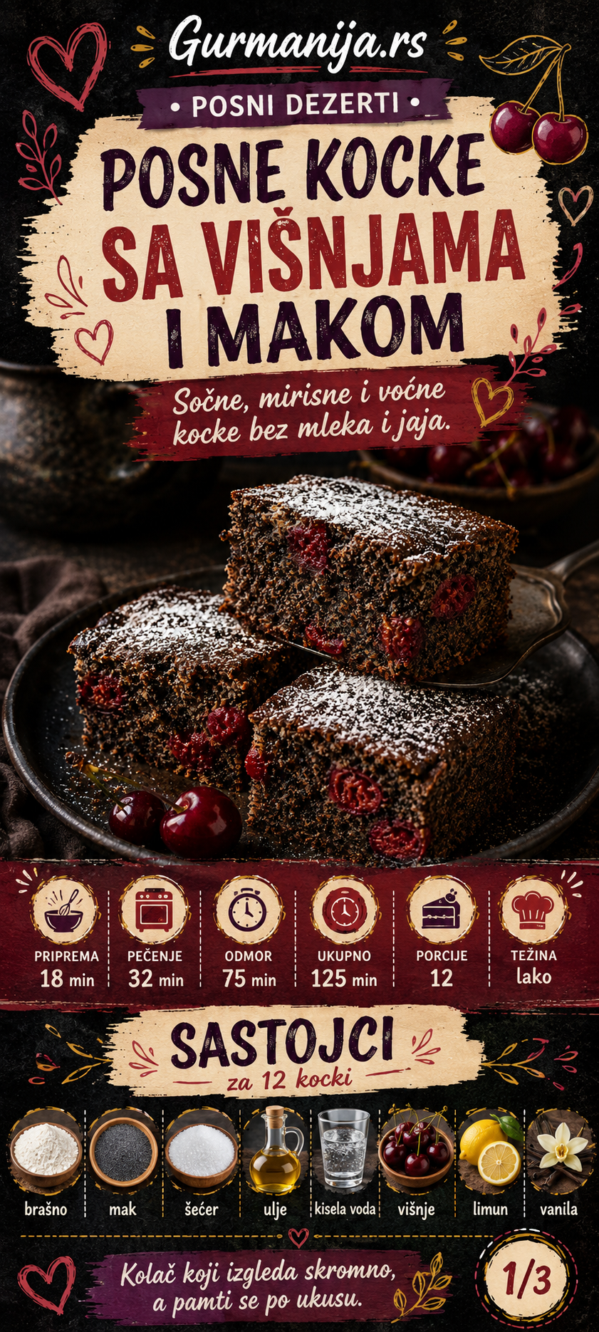 Posne kocke sa višnjama i makom 🍒🌱 - Vizuelni vodič 1/3