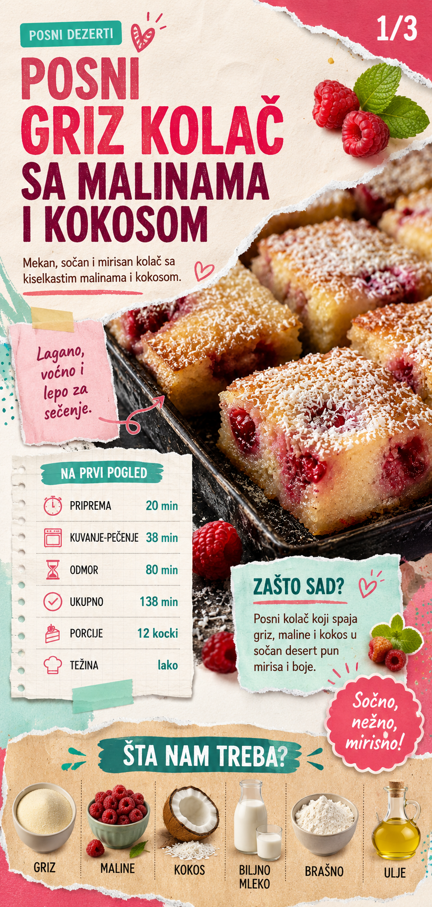 Posni griz kolač sa malinama i kokosom 🍓🥥 - Vizuelni vodič 1/3