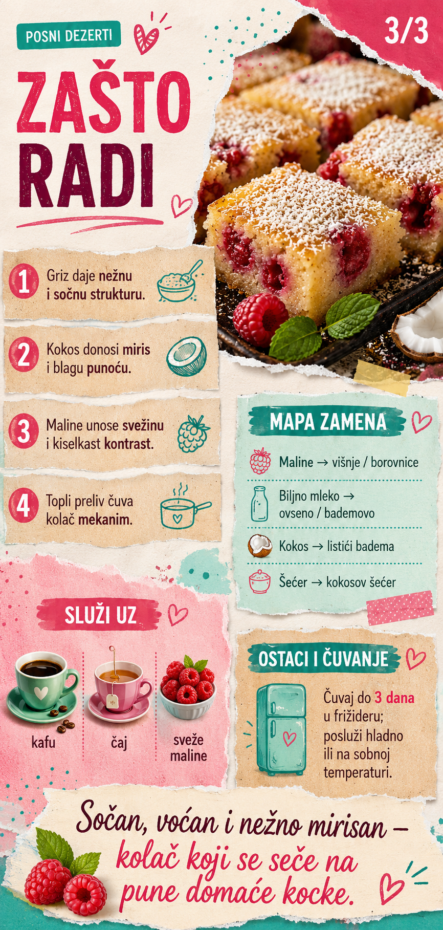 Posni griz kolač sa malinama i kokosom 🍓🥥 - Vizuelni vodič 3/3