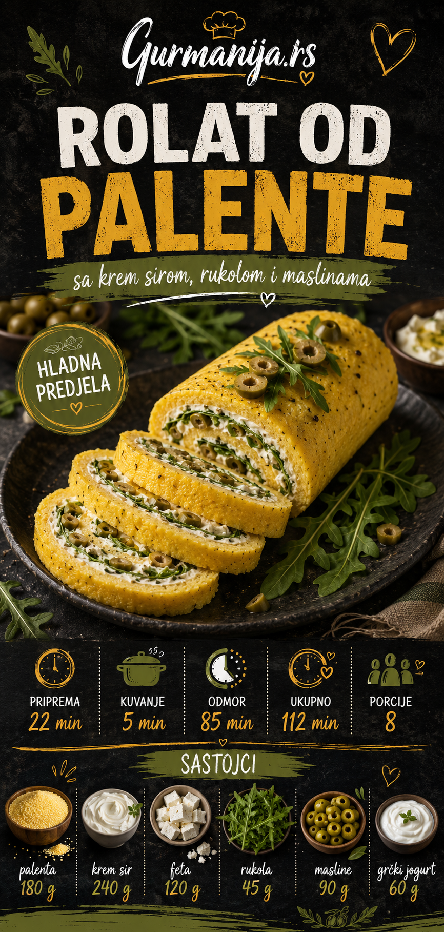 Rolat od palente sa krem sirom rukolom i maslinama 🌽🌿 - Vizuelni vodič 1/3