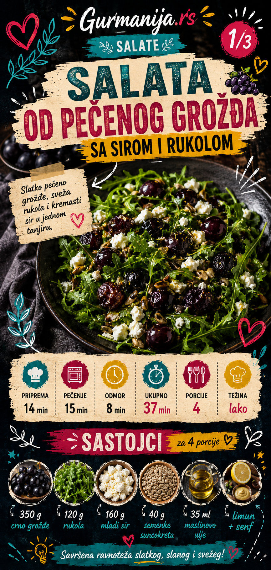Salata od pečenog grožđa sa sirom i rukolom 🍇🥗 - Vizuelni vodič 1/3