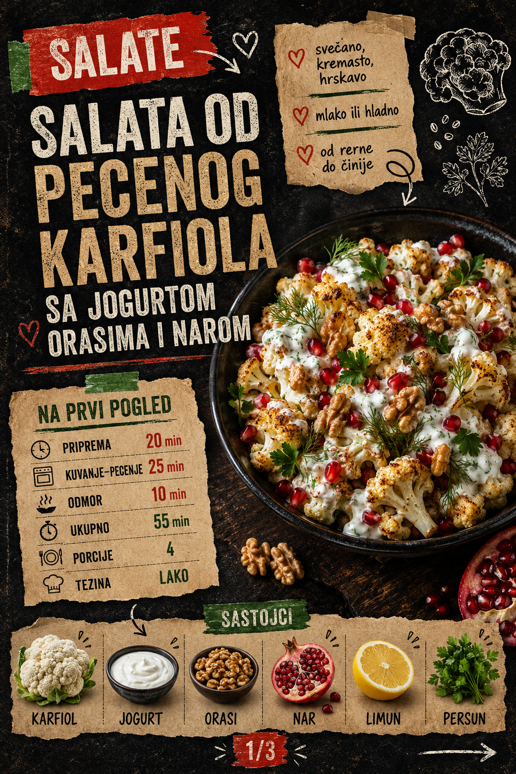 Salata od pečenog karfiola sa jogurtom orasima i narom 🥗🔥 - Vizuelni vodič 1/3